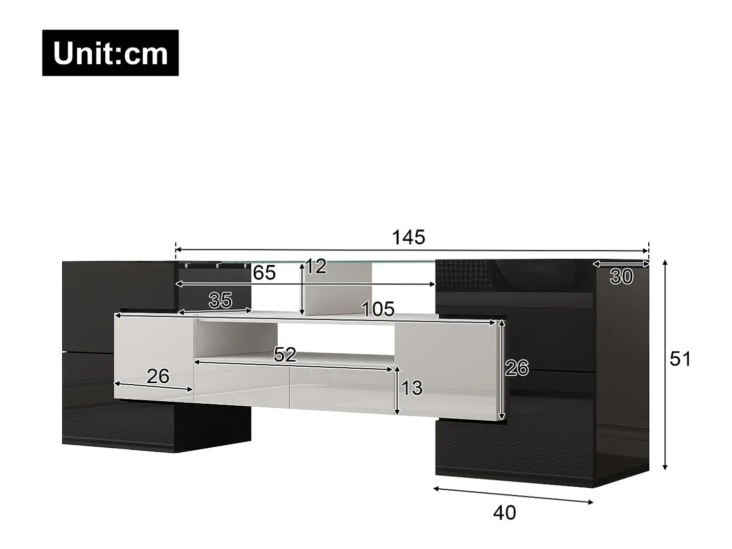 Suporte para TV LED, móvel alto para TV de sala de estar, com espaço de armazenamento, 150 x 30 x 50 cm, branco e cinza.