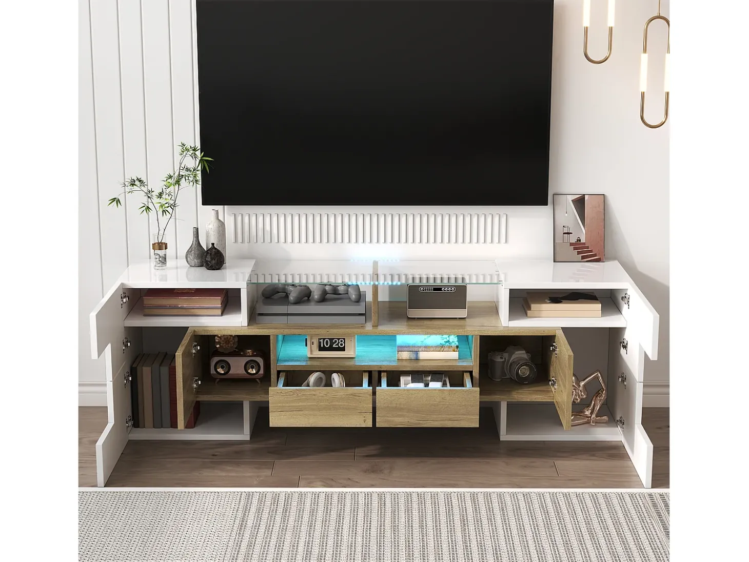 Suporte para TV LED, Móvel Alto para TV para Sala de Estar, com Espaço de Armazenamento, 150 x 30 x 50 cm, Branco e Madeira