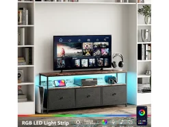 Suporte para TV LED RGB – 3 gavetas vintage, estrutura de metal, prateleira ajustável, 137x30x57 cm
