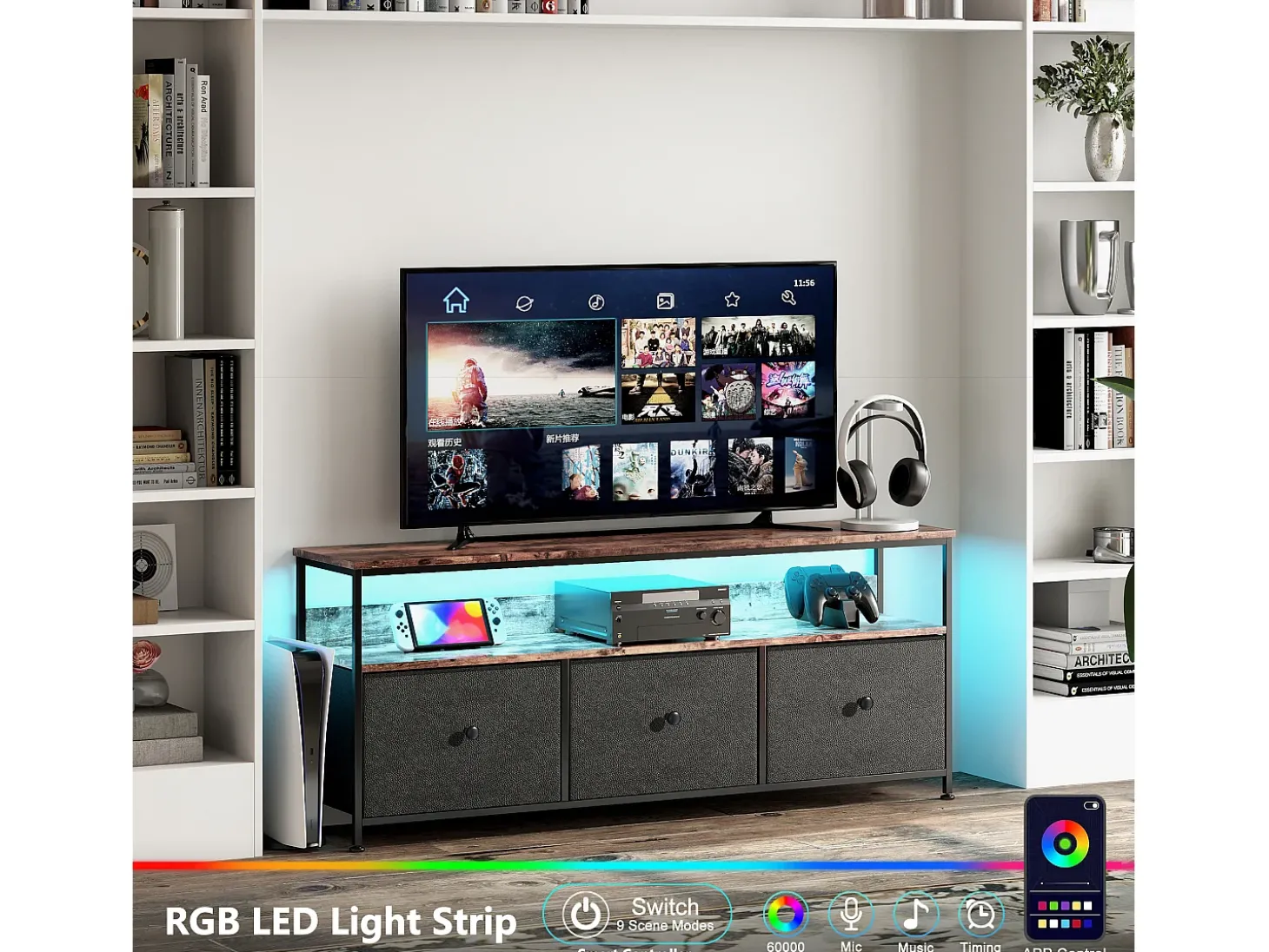 Suporte para TV LED RGB – 3 gavetas vintage, estrutura de metal, prateleira ajustável, 137x30x57 cm