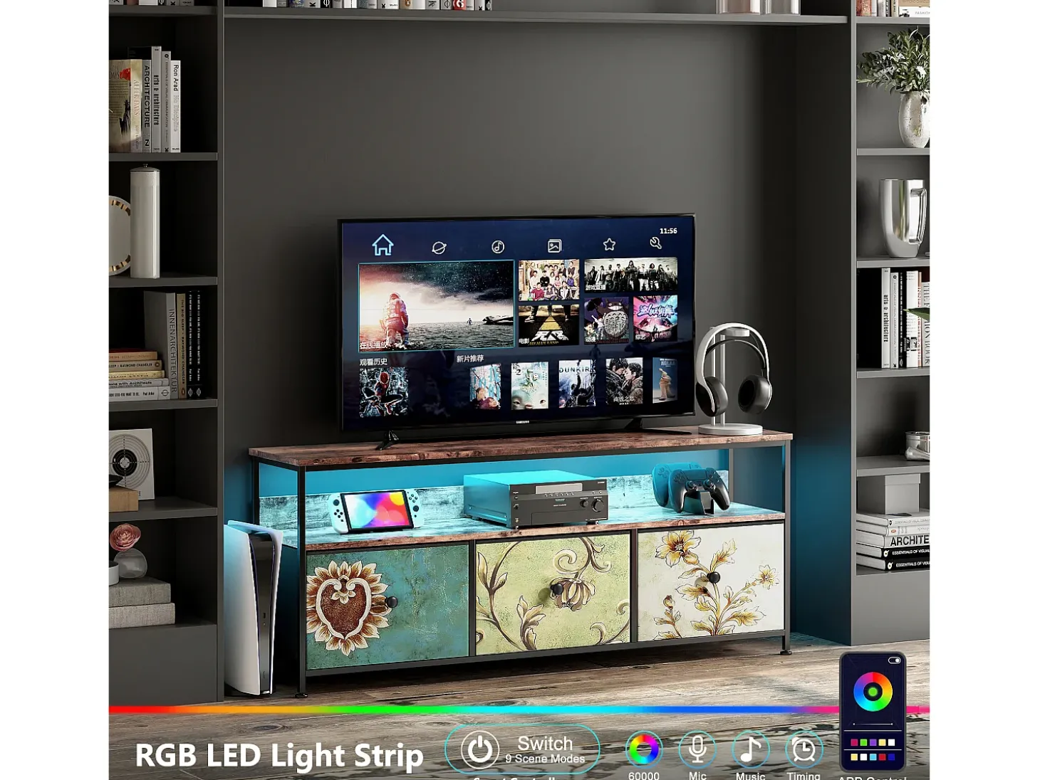 Suporte para TV LED RGB – 3 gavetas vintage, estrutura de metal, prateleira ajustável, 137x30x57 cm