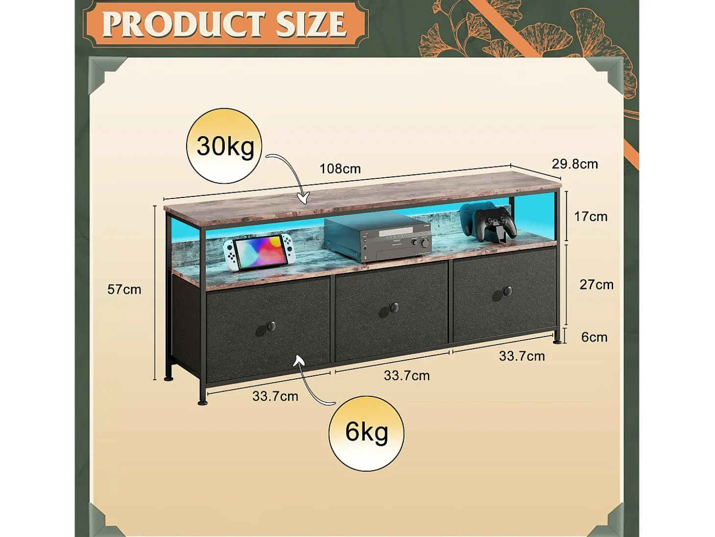 Suporte para TV LED RGB – 3 gavetas vintage, estrutura de metal, prateleira ajustável, 108x30x57 cm