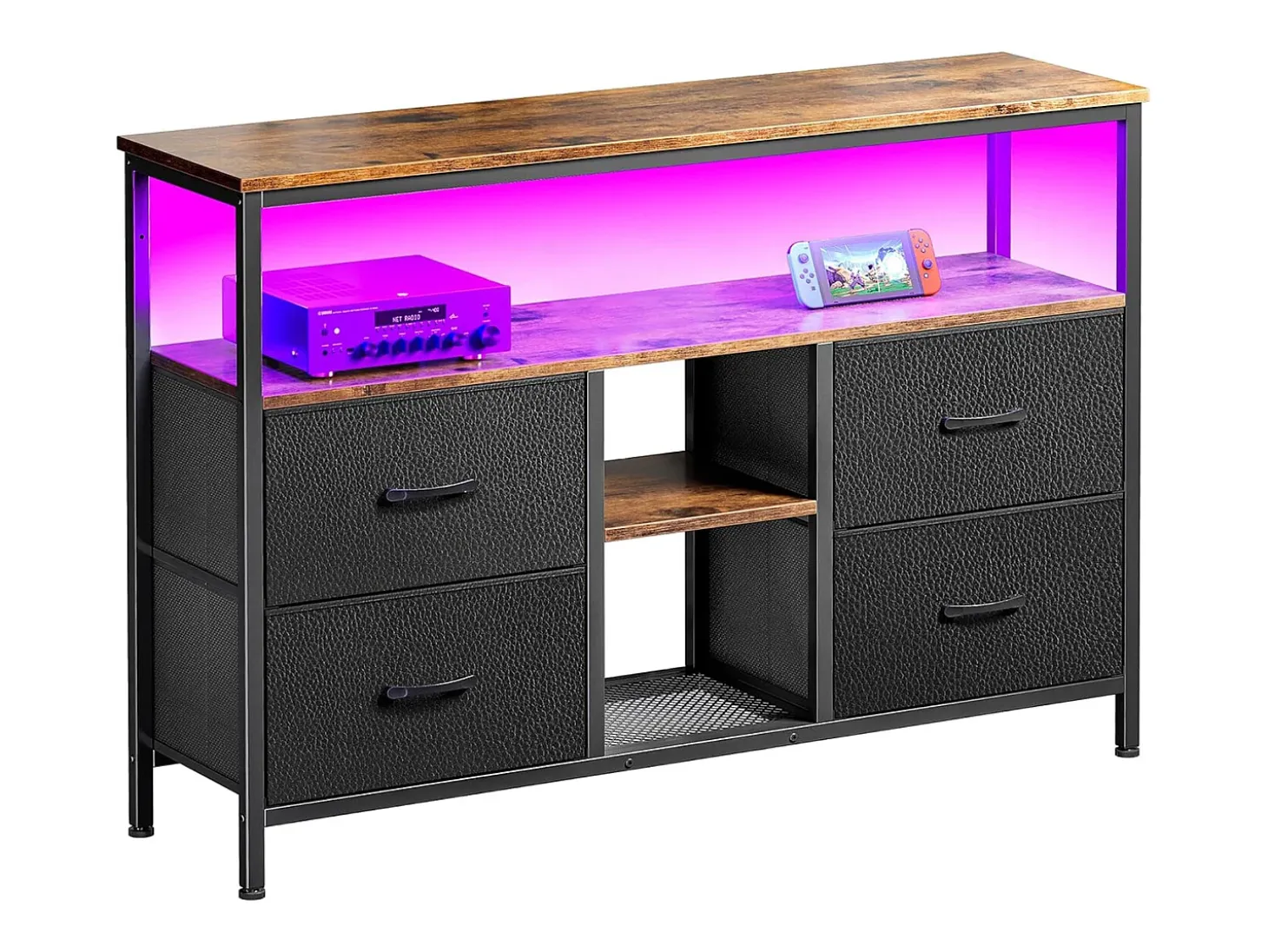Suporte para TV LED RGB – 4 gavetas vintage, estrutura de metal, prateleira ajustável, 108x30x57 cm