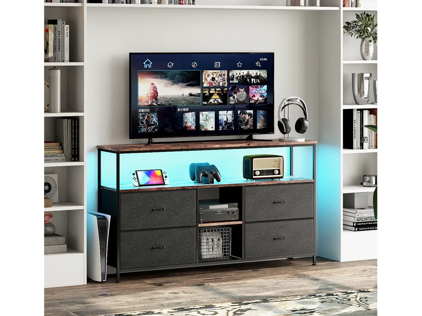 Suporte para TV LED RGB – 4 gavetas vintage, estrutura de metal, prateleira ajustável, 108x30x57 cm