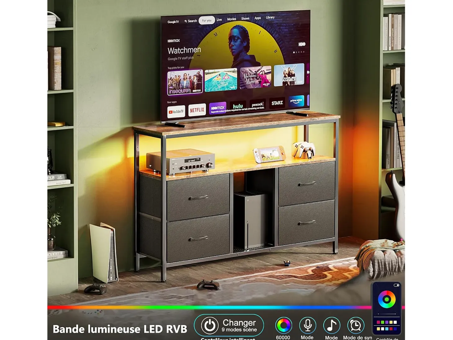 Suporte para TV LED RGB – 4 gavetas vintage, estrutura de metal, prateleira ajustável, 108x30x57 cm