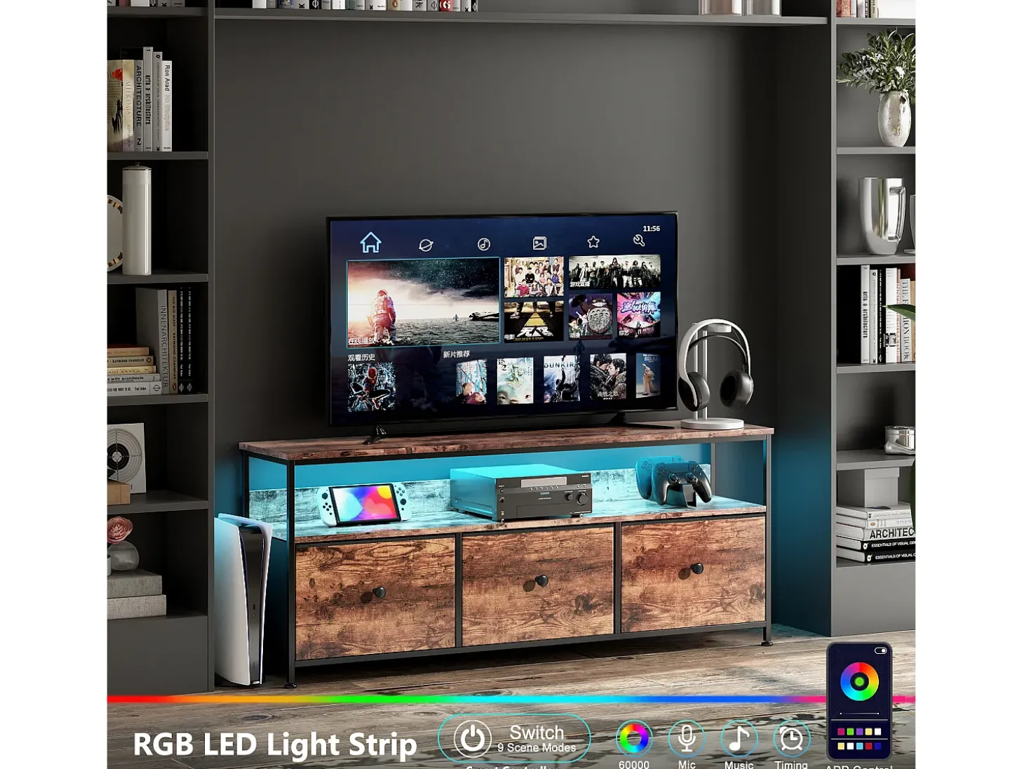 Suporte para TV LED RGB – 3 gavetas vintage, estrutura de metal, prateleira ajustável, 137x30x57 cm