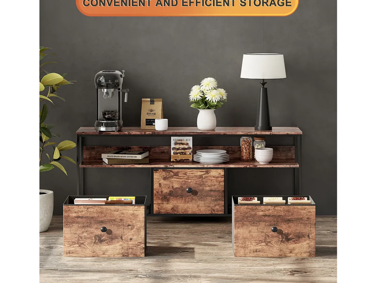 Suporte para TV LED RGB – 3 gavetas vintage, estrutura de metal, prateleira ajustável, 137x30x57 cm