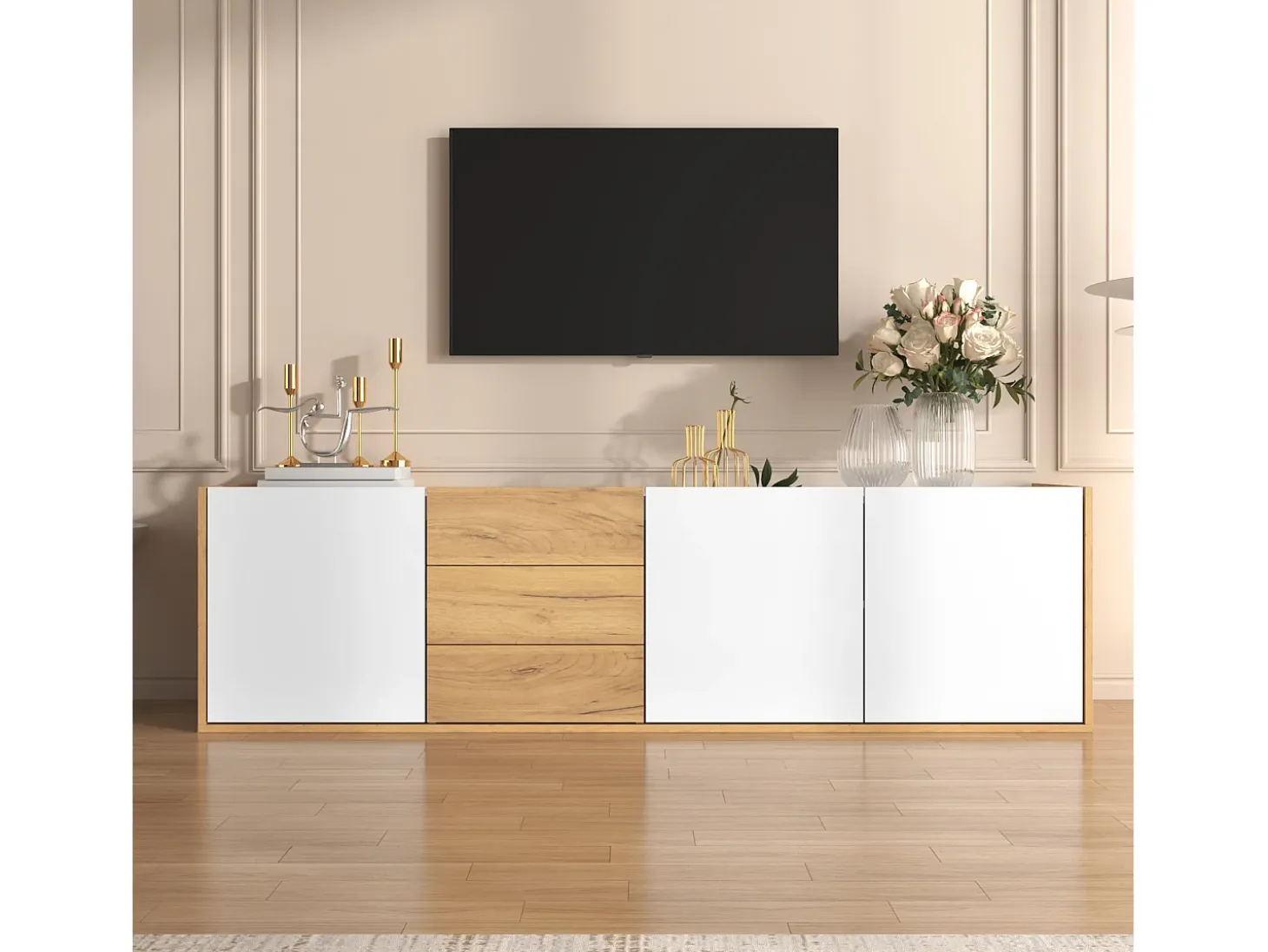 Suporte para TV, painel baixo em madeira e branco, que pode ser montado na parede ou colocado no chão.