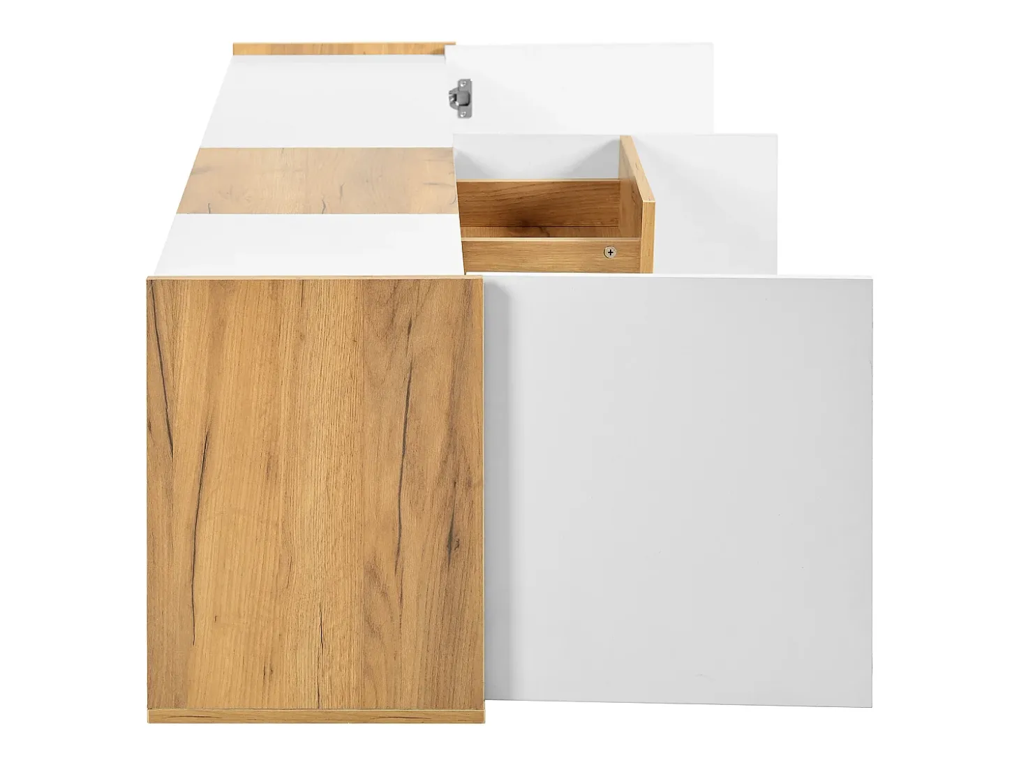Suporte para TV, painel baixo em madeira e branco, que pode ser montado na parede ou colocado no chão.