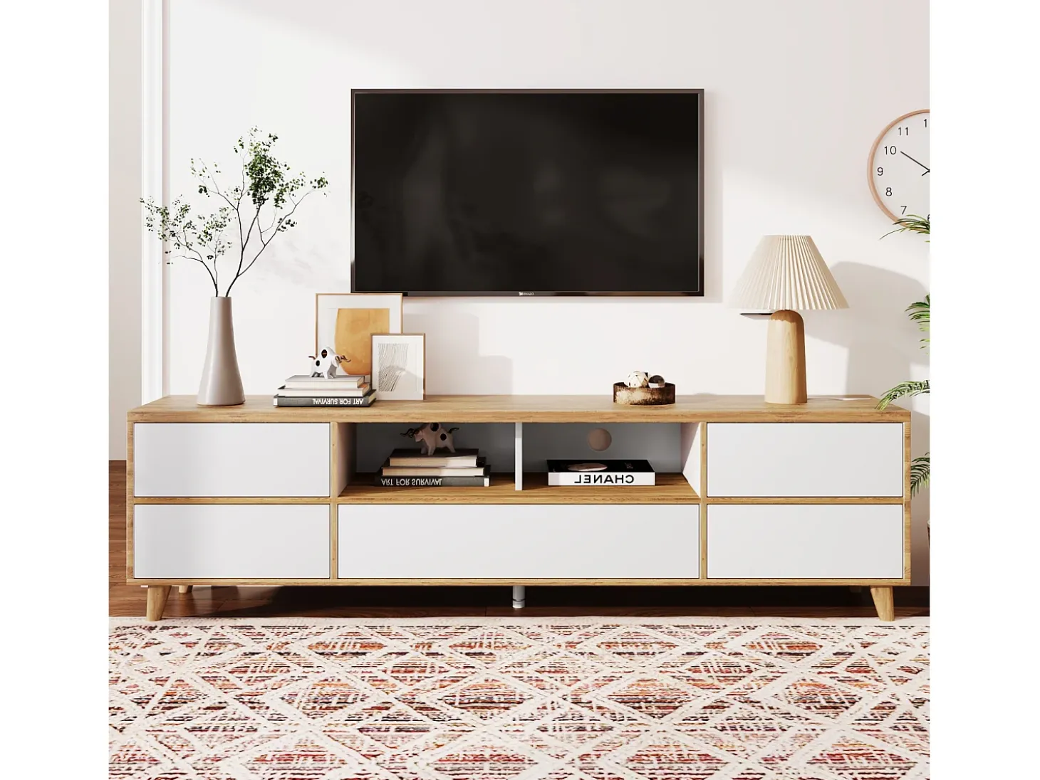 Suporte para TV/mesa de centro com 5 portas e 2 compartimentos abertos para sua sala de estar, 175 x 37 x 51 cm