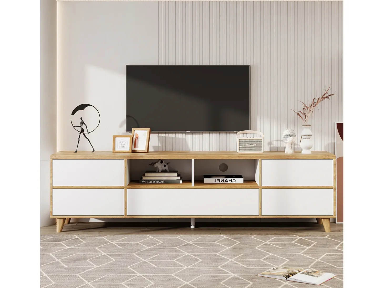 Suporte para TV/mesa de centro com 5 portas e 2 compartimentos abertos para sua sala de estar, 175 x 37 x 51 cm