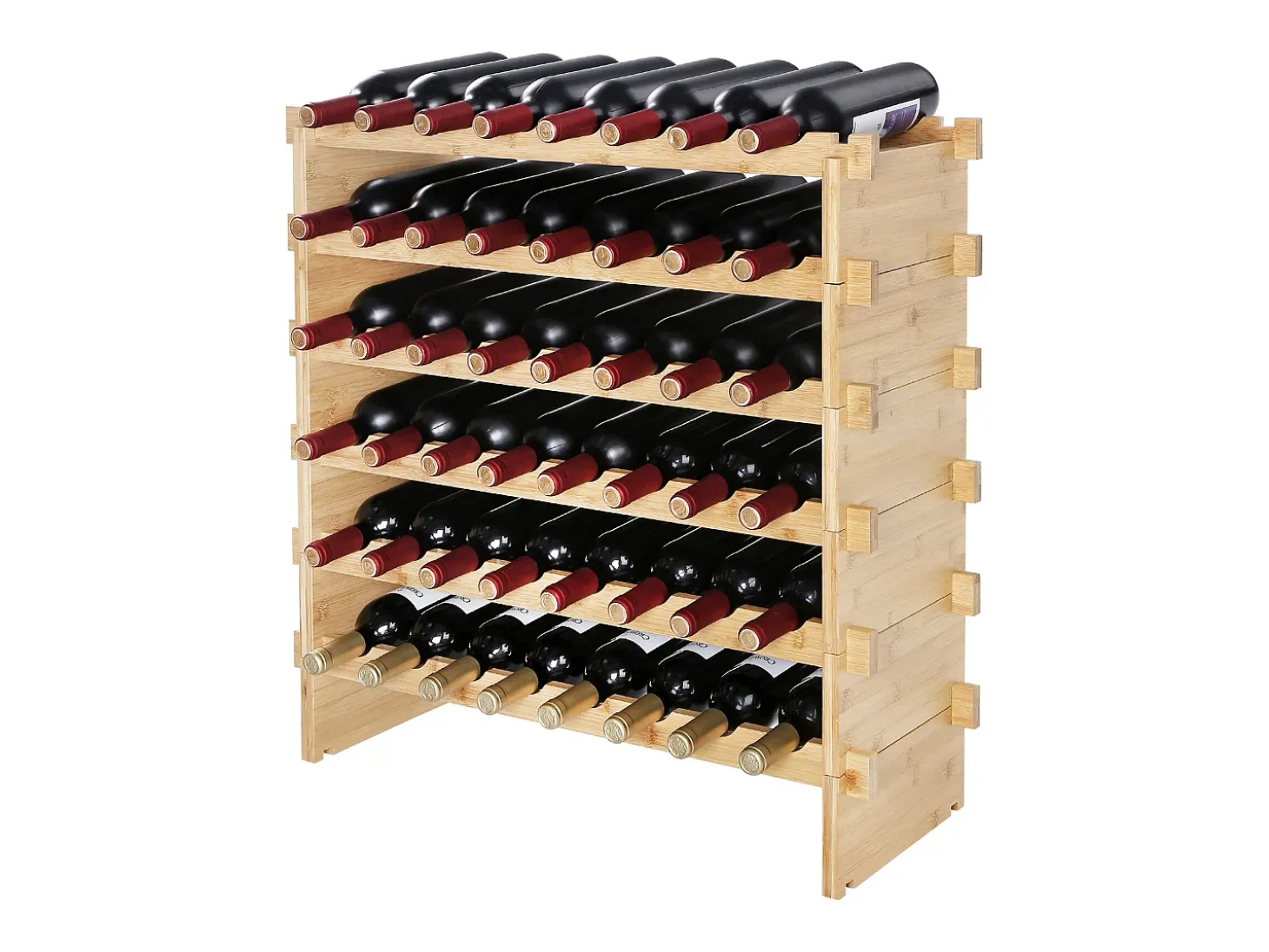 Suporte para Vinhos Empilhável SucceBuy para 48 Garrafas, Prateleira de Exposição em Madeira de Bambu com 6 Níveis