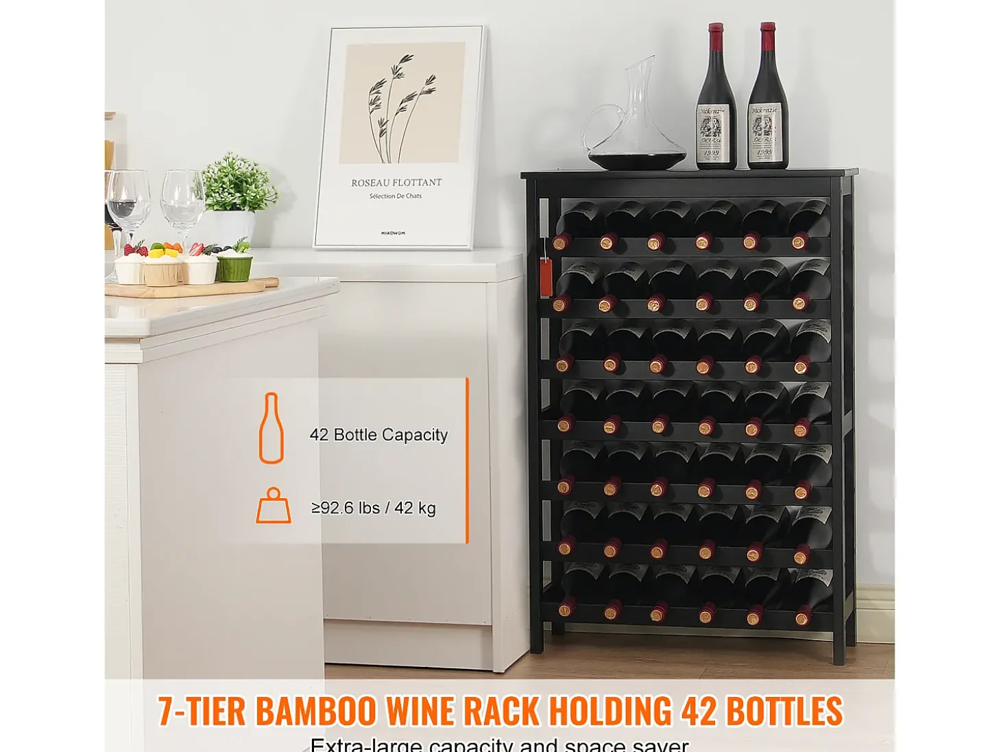 Suporte para Vinhos, SucceBuy Suporte Modular em Bambu para 42 Garrafas, 7 Níveis, com Prateleira de Mesa para Exposição