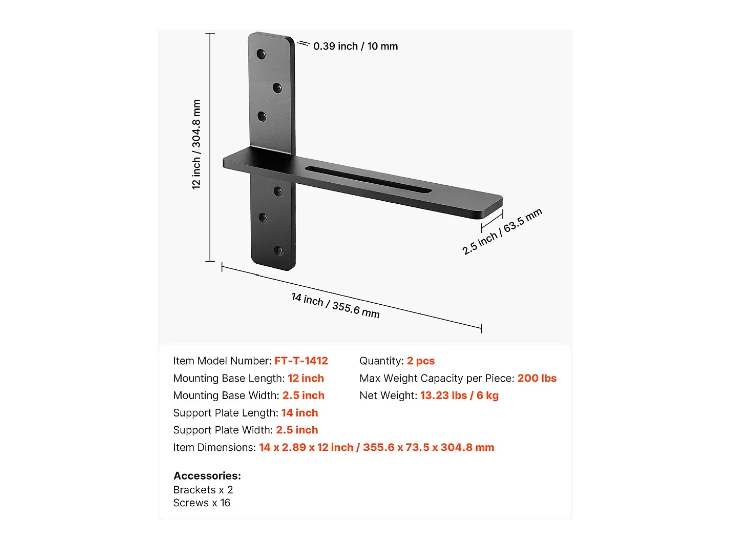 Suportes de Prateleira em T SucceBuy, Conjunto de 2, Capacidade de Carga de 90 kg, Dimensões 35.56x 7.35 x 30.48 cm, Suportes de Prateleira de Aço Duráveis