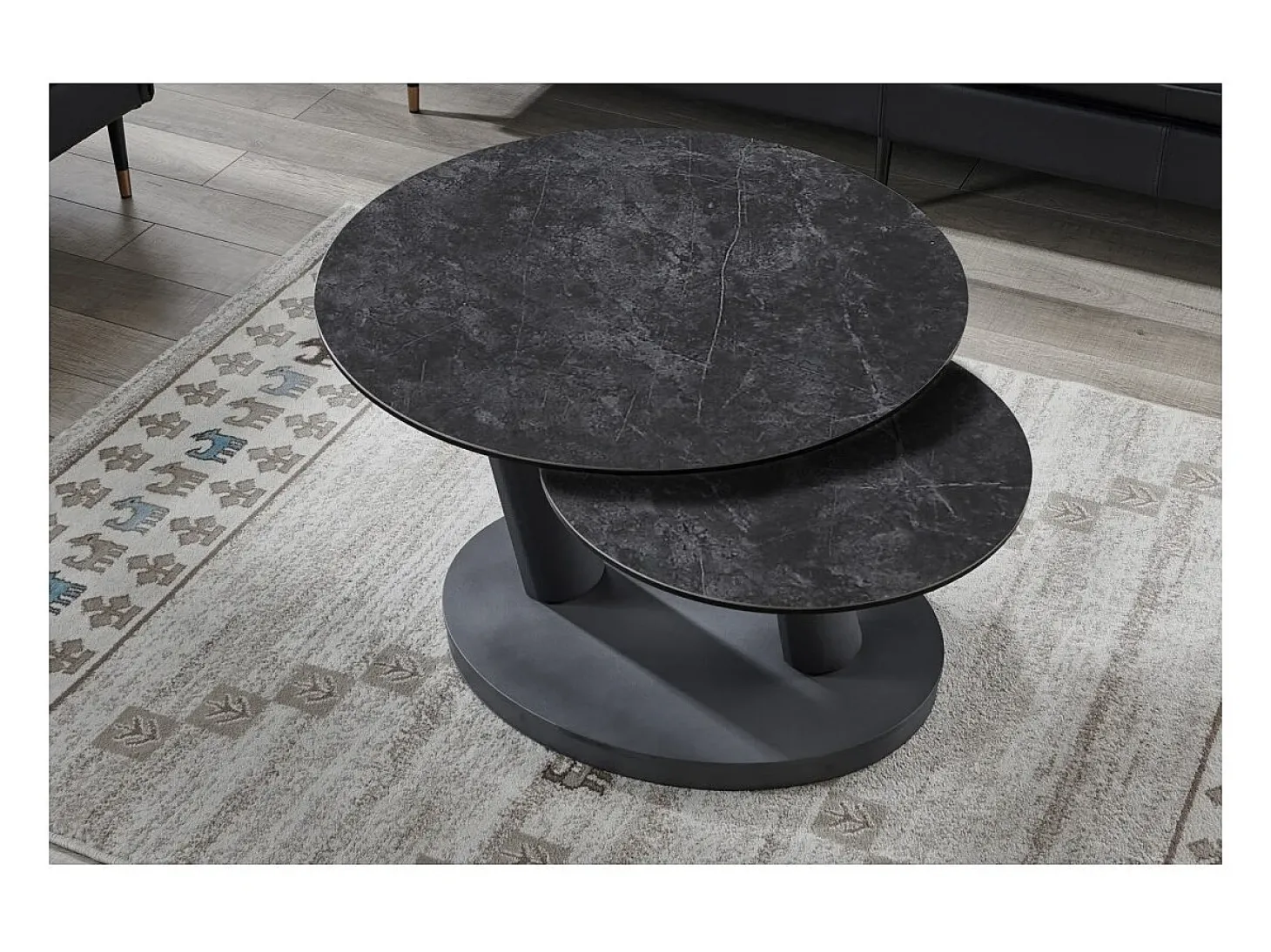 Table baixa VIRELLO – Mesa de centro redonda Ø80 cm – Pedra natural cinza escura & metal – Design contemporâneo e robusto