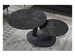 Table baixa VIRELLO – Mesa de centro redonda Ø80 cm – Pedra natural cinza escura & metal – Design contemporâneo e robusto