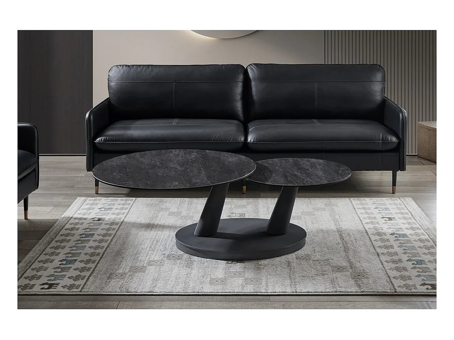 Table baixa VIRELLO – Mesa de centro redonda Ø80 cm – Pedra natural cinza escura & metal – Design contemporâneo e robusto
