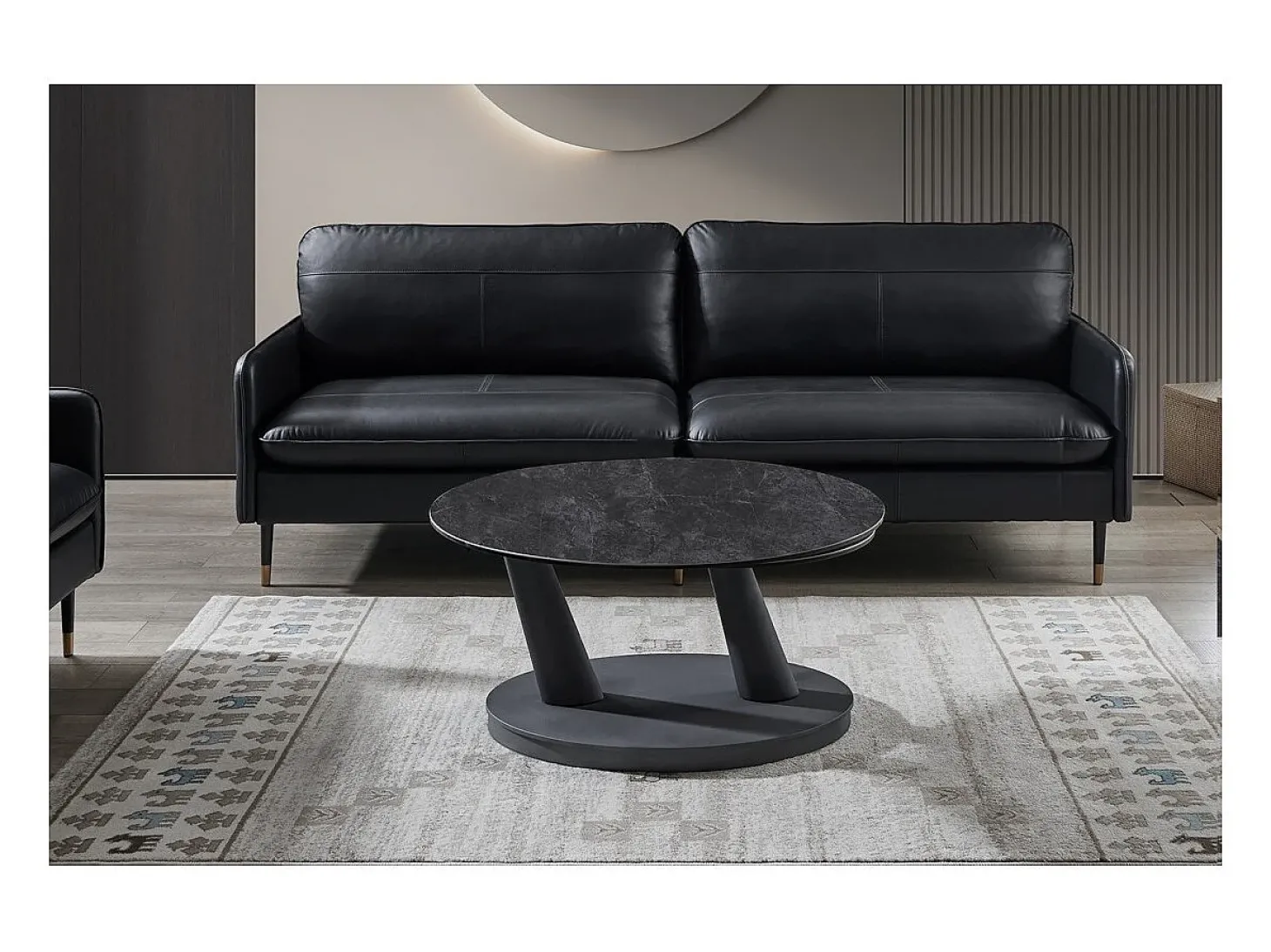 Table baixa VIRELLO – Mesa de centro redonda Ø80 cm – Pedra natural cinza escura & metal – Design contemporâneo e robusto