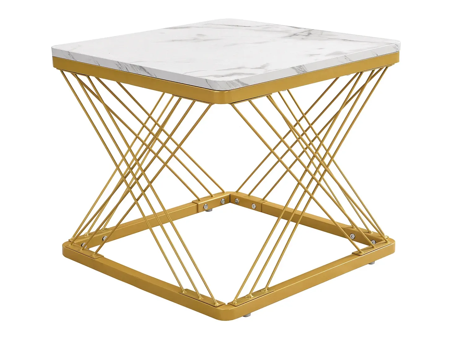 Table basse gigogne -Lot de 2 - Plateau finition brillant en effet marbre - Blanc et doré
