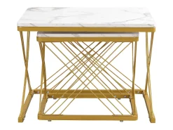 Table basse gigogne -Lot de 2 - Plateau finition brillant en effet marbre - Blanc et doré