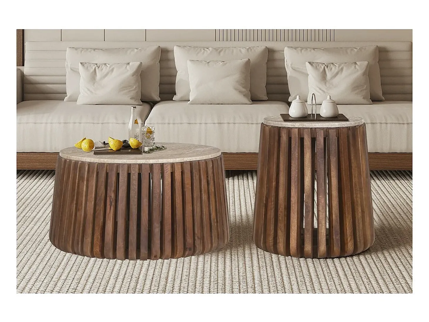Table basse ronde en bois massif collection DELHI diamètre 70cm - Style ethnique et design