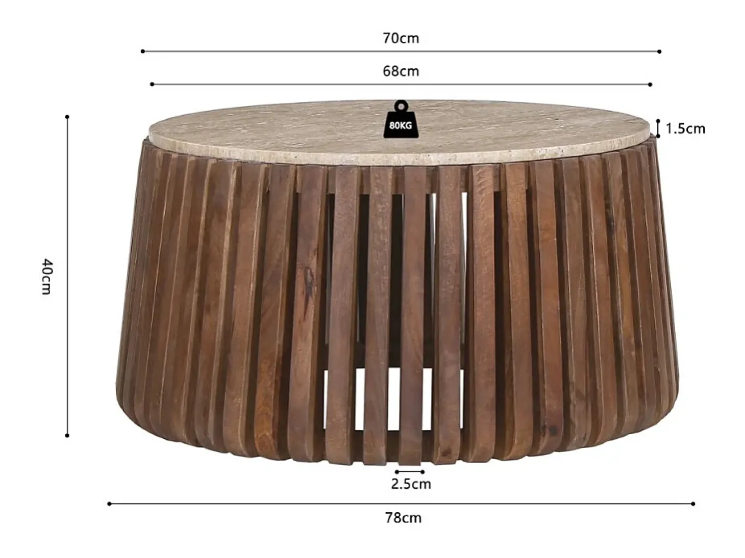 Table basse ronde en bois massif collection DELHI diamètre 70cm - Style ethnique et design