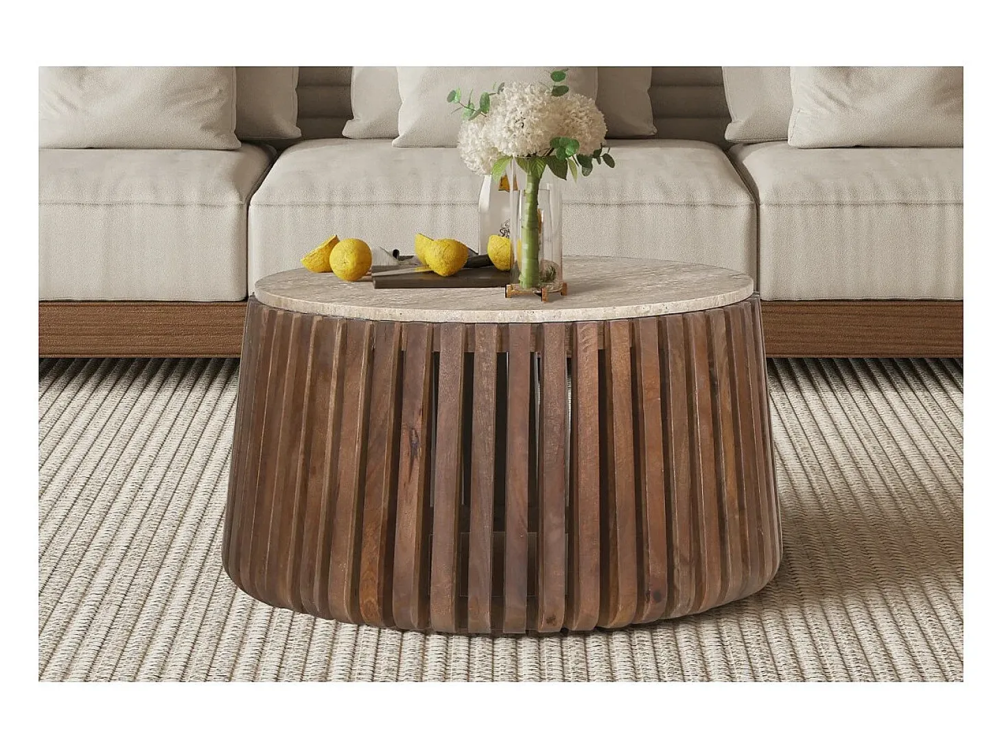 Table basse ronde en bois massif collection DELHI diamètre 70cm - Style ethnique et design