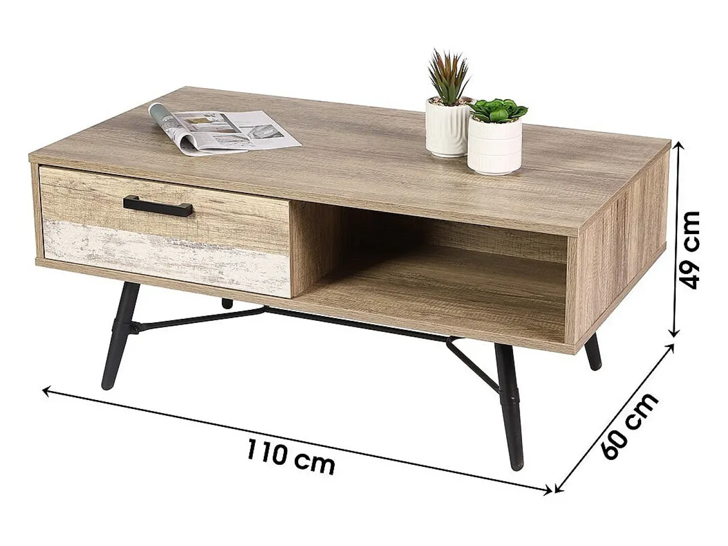 Table basse UMÉA coloris chêne clair et blanc – Design industriel - Rangement pratique