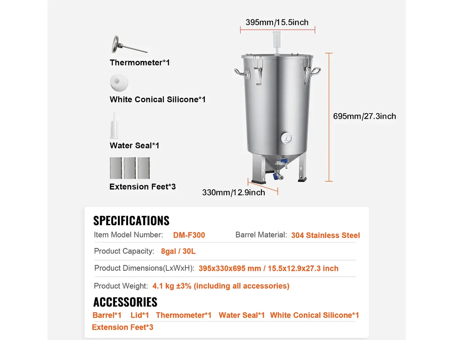 Tanque de Fermentação, SucceBuy Kit de Tanque de Fermentação Doméstica de Aço Inoxidável de 30 L com Fermentador de Cerveja