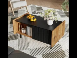 Tavolino da caffè nero e legno da 90 cm – 2 scomparti aperti e 2 ante
