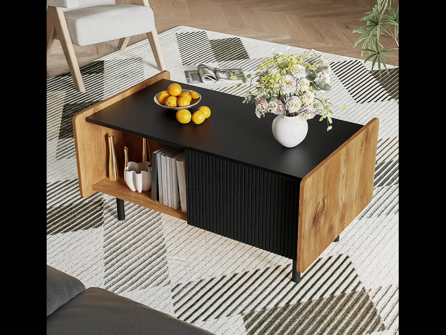 Tavolino da caffè nero e legno da 90 cm – 2 scomparti aperti e 2 ante