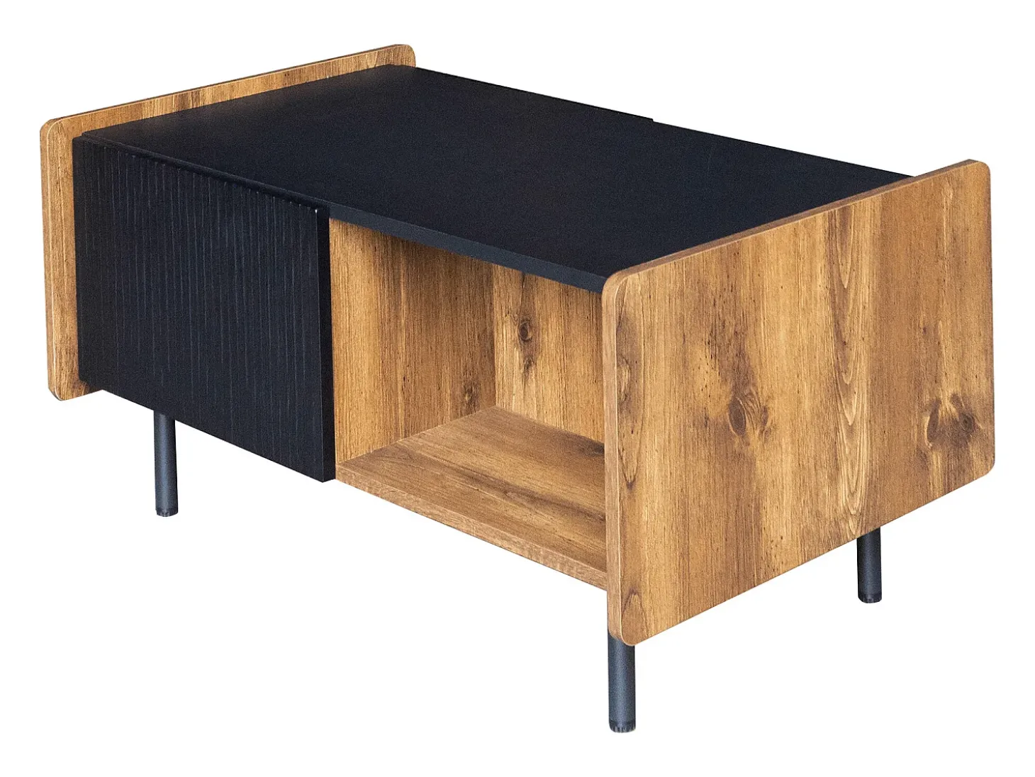 Tavolino da caffè nero e legno da 90 cm – 2 scomparti aperti e 2 ante