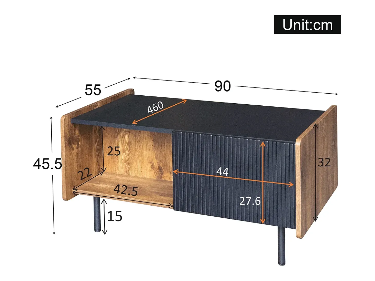 Tavolino da caffè nero e legno da 90 cm – 2 scomparti aperti e 2 ante