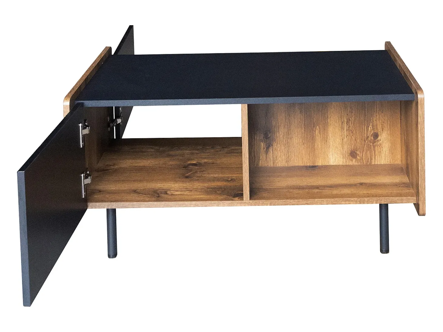Tavolino da caffè nero e legno da 90 cm – 2 scomparti aperti e 2 ante