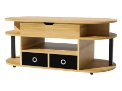Tavolino moderno in venature del legno, con funzione di sollevamento, spazio di archiviazione e cassetti in tessuto nero