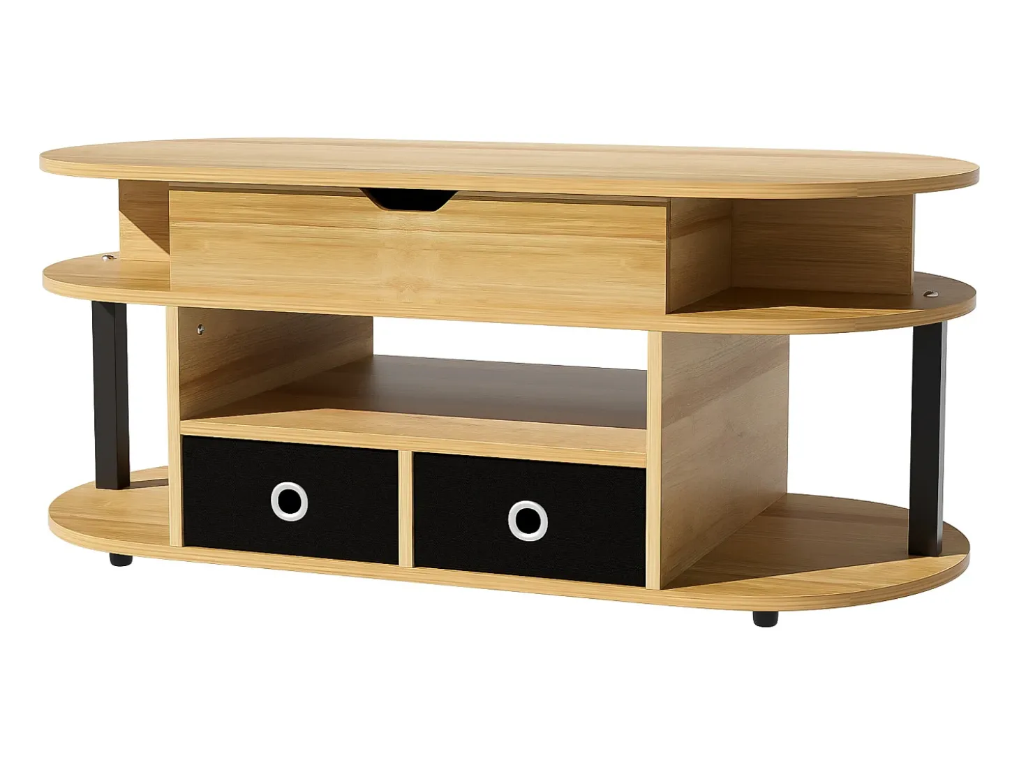 Tavolino moderno in venature del legno, con funzione di sollevamento, spazio di archiviazione e cassetti in tessuto nero
