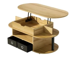 Tavolino moderno in venature del legno, con funzione di sollevamento, spazio di archiviazione e cassetti in tessuto nero