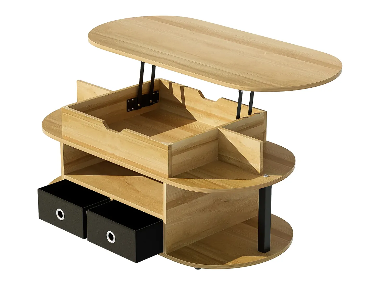 Tavolino moderno in venature del legno, con funzione di sollevamento, spazio di archiviazione e cassetti in tessuto nero