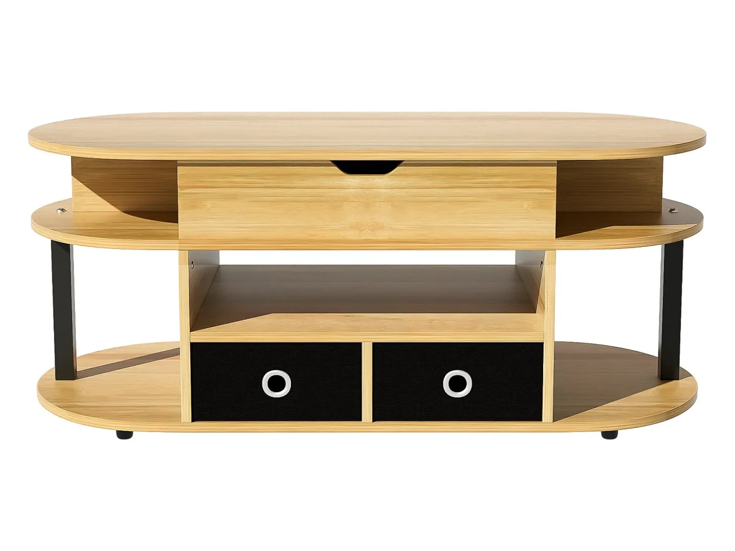 Tavolino moderno in venature del legno, con funzione di sollevamento, spazio di archiviazione e cassetti in tessuto nero