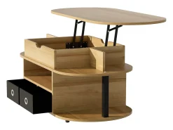 Tavolino moderno in venature del legno, con funzione di sollevamento, spazio di archiviazione e cassetti in tessuto nero