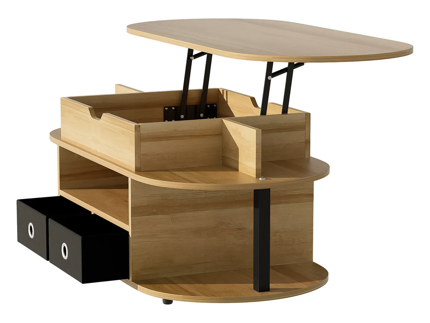 Tavolino moderno in venature del legno, con funzione di sollevamento, spazio di archiviazione e cassetti in tessuto nero
