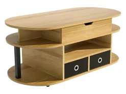 Tavolino moderno in venature del legno, con funzione di sollevamento, spazio di archiviazione e cassetti in tessuto nero