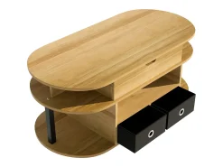 Tavolino moderno in venature del legno, con funzione di sollevamento, spazio di archiviazione e cassetti in tessuto nero
