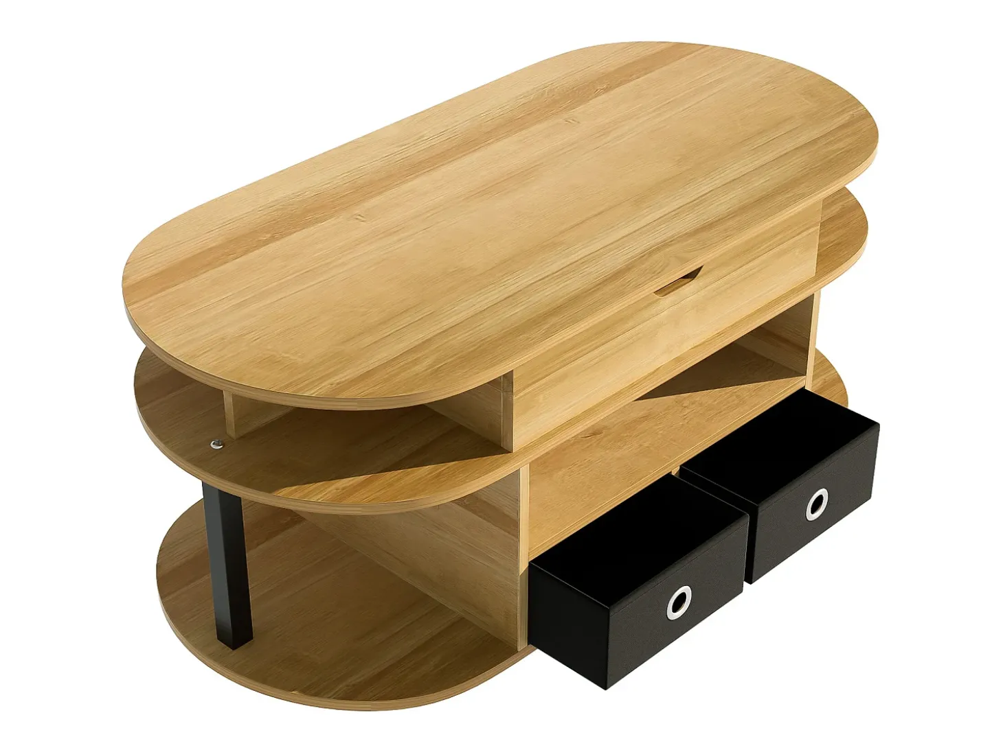 Tavolino moderno in venature del legno, con funzione di sollevamento, spazio di archiviazione e cassetti in tessuto nero