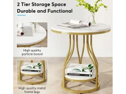 Tábua de apoio redonda em ouro branco com dois níveis, Mesa de cabeceira moderna, Pequena tábua de apoio com prateleira de armazenamento