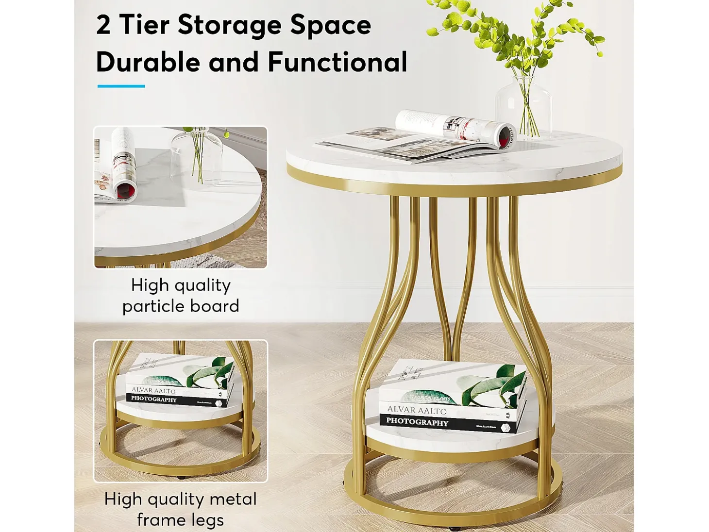 Tábua de apoio redonda em ouro branco com dois níveis, Mesa de cabeceira moderna, Pequena tábua de apoio com prateleira de armazenamento