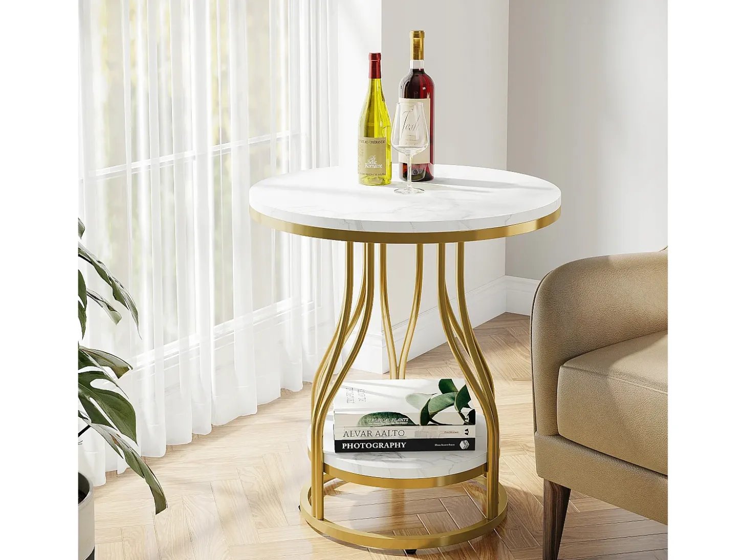 Tábua de apoio redonda em ouro branco com dois níveis, Mesa de cabeceira moderna, Pequena tábua de apoio com prateleira de armazenamento