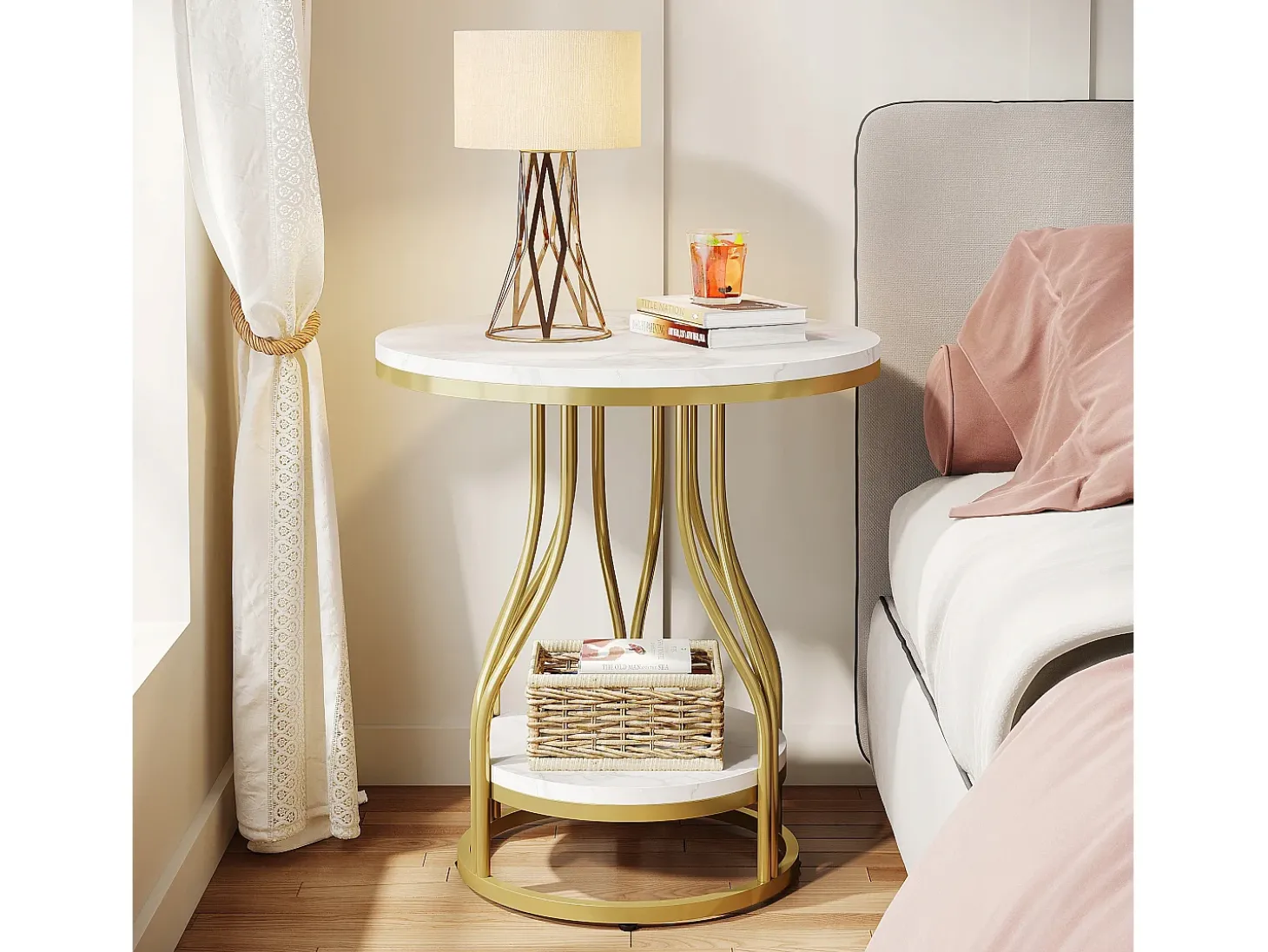 Tábua de apoio redonda em ouro branco com dois níveis, Mesa de cabeceira moderna, Pequena tábua de apoio com prateleira de armazenamento