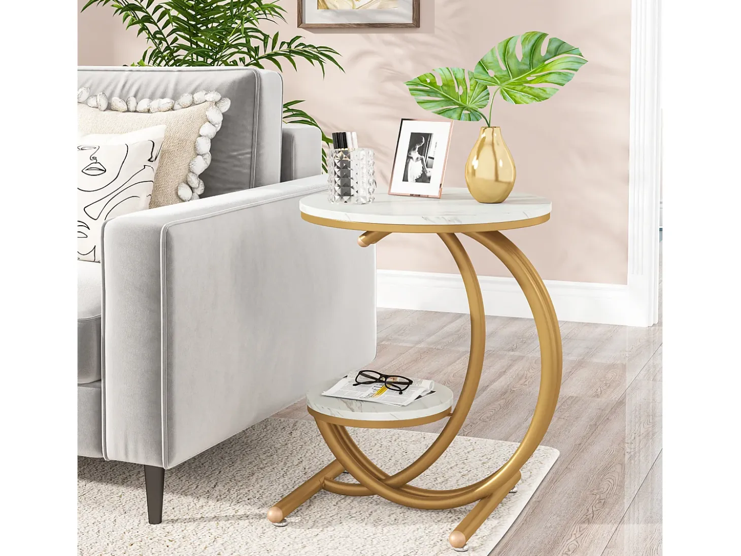 Tábua de apoio Redonda Moderna de 2 níveis com estrutura em forma de C, Pequena tábua de apoio Baixa, Branco/dourado (1)