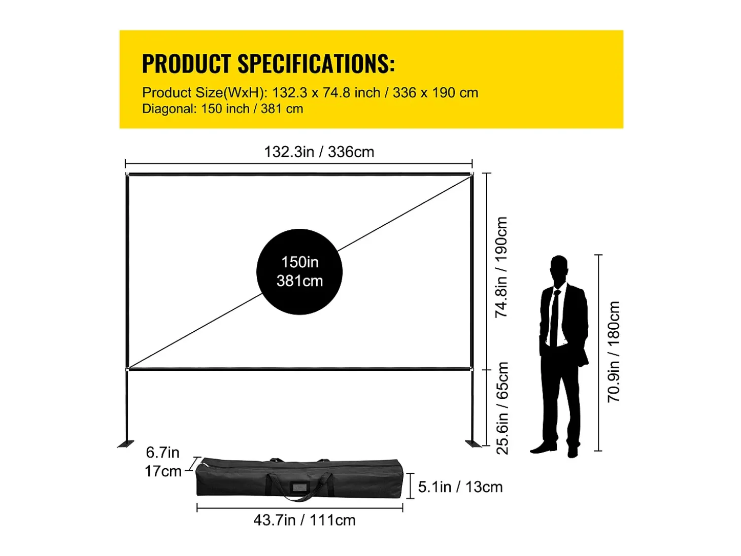Tela de Cinema ao Ar Livre SucceBuy com Suporte - 381cm, 16:9 HD 4K Portátil para o Interior e o Exterior Cinema em Casa Jogos Escritório